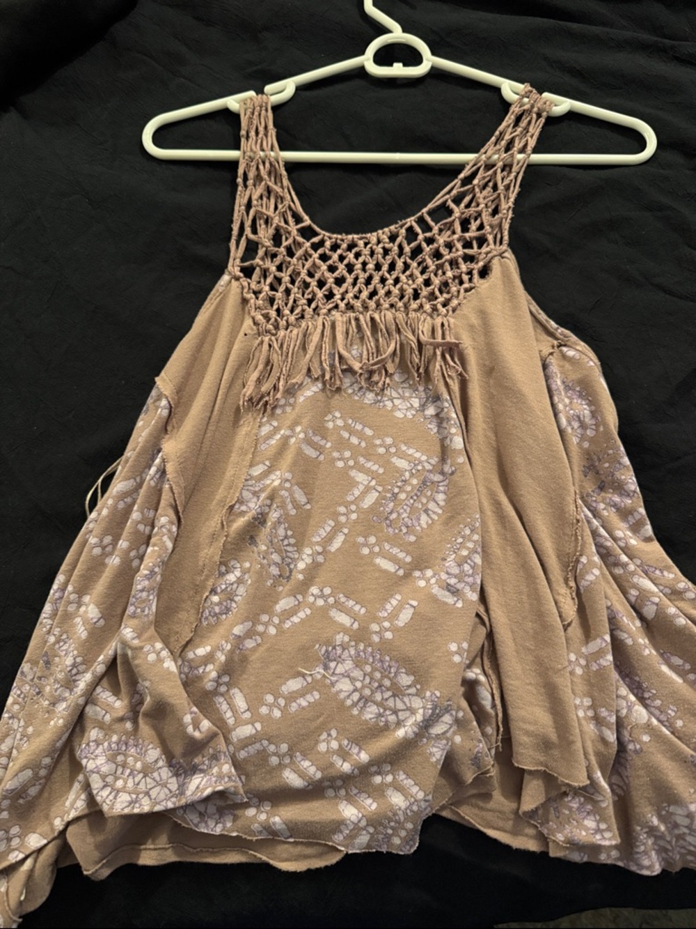 Free People Taupe Crochet Yoke Fringe Tank Top